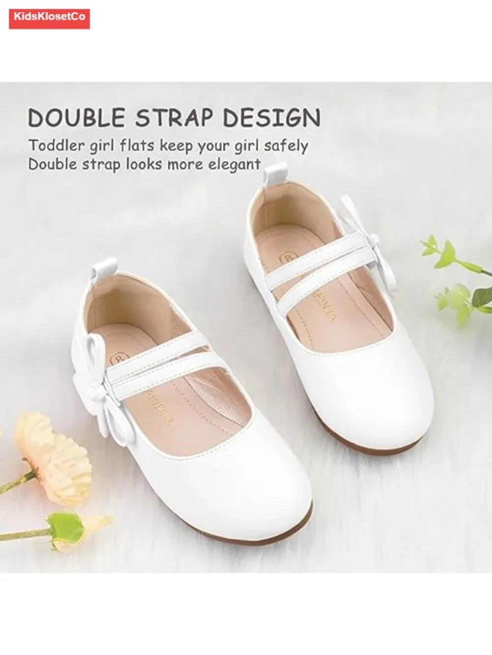 Kids Mary Jane Ballet Flats with Bow, Double Strap, Hook & Loop Closure
